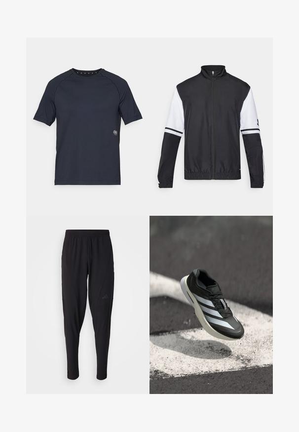 Čierno-biela bunda s vysokým golierom, plný predný zips, elastické manžety a pruhované akcenty na rukávoch. Vyrobená z hladkej, ľahkej tkaniny.; Tmavomodré tričko s krátkym rukávom vyrobené z ľahkej tkaniny, s okrúhlym výstrihom a malými detaily v podobe dierok na zadnej strane a logom na prednej strane.; Čierne športové nohavice s elastickým pásom, zúženým strihom, bočnými vreckami a nenápadným logom. Vyrobené z flexibilnej, priedušnej tkaniny.; Čierna športová obuv s tromi bielymi pruhmi, textúrovaným zvrškom, štíhlym dizajnom a zakrivenou podrážkou, umiestnená nad bielou čiarou na asfaltovom povrchu.