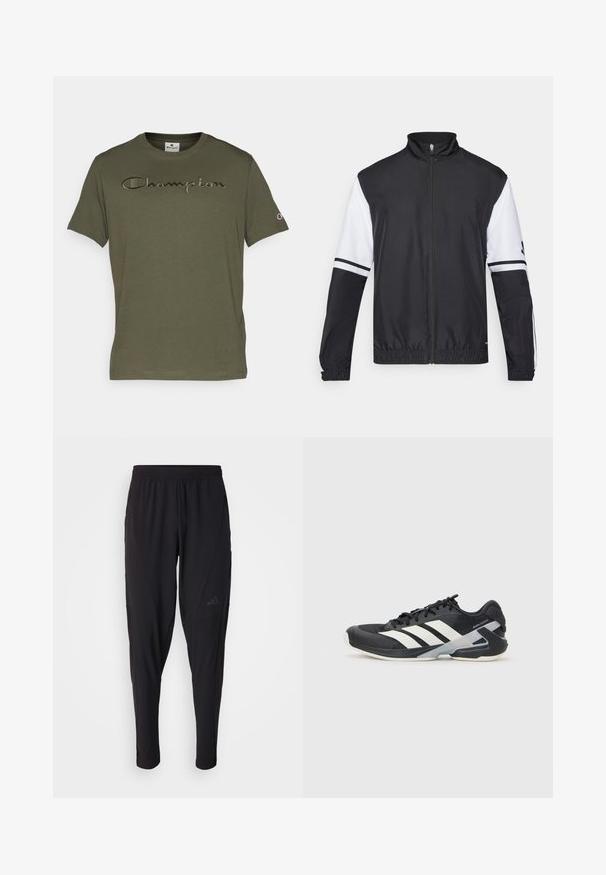 Casaco preto e branco com gola alta, fecho frontal completo, punhos elásticos e detalhes listrados nas mangas. Feito de um tecido liso e leve.; Champion ICONS TONAL WITH BIG LOGO - T-shirt estampada - dark green; Calças atléticas pretas com um cós elástico, design afunilado, bolsos laterais e detalhe discreto do logótipo. Feitas de um tecido flexível e respirável.; Sapata atlética preta com riscas brancas, parte superior em malha, biqueira arredondada e sola acolchoada. Apresenta um calcanhar texturizado e um sistema de atacadores seguro.