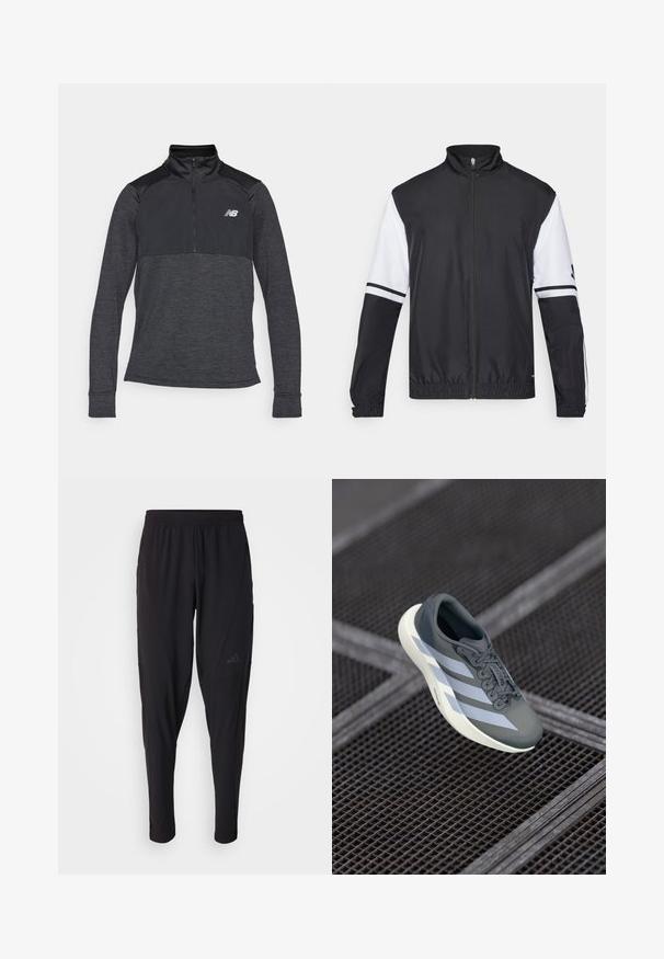 Svart og hvit jakke med høy krage, hel glidelås, elastiske mansjetter og stripete detaljer på ermene. Laget av glatt, lett materiale.; Svart atletisk langermet topp med kvart-glidelås krage, med teksturert stoff og en liten logo på venstre bryst.; Svarte treningsbukser med elastisk midje, smal design, sidelommer og subtil logo. Laget av fleksibelt, pustende stoff.; Sportsko leketøy i grått og hvitt, laget av syntetisk materiale, med et strømlinjeformet design, teksturert overflate og fremtredende snøresystem.