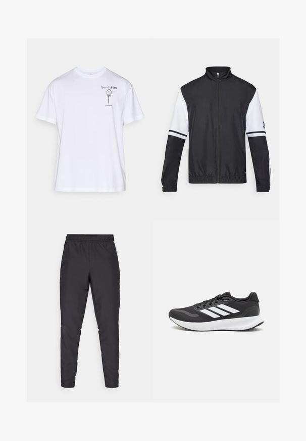 Svart og hvit jakke med høy krage, hel glidelås, elastiske mansjetter og stripete detaljer på ermene. Laget av glatt, lett materiale.; Hvit bomulls t-skjorte med korte ermer, med et trykt tennisracket-motiv og teksten "Grand Slam Björn Borg" på venstre bryst.; Svarte treningsbukser med elastisk midje, avsmalnende ben og hvite sideakenter. Laget av syntetisk materiale med en glatt tekstur.; Svarte sportsko med pustende mesh-overdel, hvite detaljer og en polstret såle. Har tre striper-logo på siden.