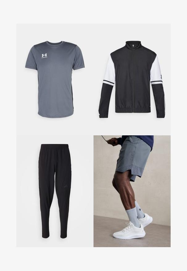 Black and white jacket with a high collar, full front zipper, elastic cuffs, and striped accents on sleeves. Made from smooth, lightweight fabric.; Gray athletic t-shirt with short sleeves. Features a round neckline and a white Under Armour logo on the front left chest. Smooth texture.; Black athletic pants with an elastic waistband, tapered design, side pockets, and subtle logo detail. Made from flexible, breathable fabric.; White athletic shoes with textured mesh upper, paired with light blue ribbed socks featuring a logo. Grey athletic shorts with perforated trim.