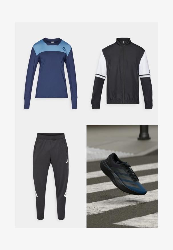 Melnbalkans un balts jakas ar augstu apkakli, pilnu priekšējo rāvējslēdzēju, elastīgām aprocēm un svītrām uz piedurknēm. Izgatavota no gluda, viegla auduma.; Ilgo piedurkņu sporta krekls, kas izgatavots no mitrumu izsvīdinoša auduma; tumši zila pamatne ar gaiši ziliem plecu akcentiem un nelielu logo uz krūtīm.; Melnas sporta bikses ar šaurākiem galiem, elastīgu jostasvietu, sānu kabatām, kā arī baltu logo un svītru detaļām. Izgatavotas no gluda, viegla materiāla.; Melns un zils sporta apavu ar aerodinamisku dizainu, tam ir teksturēta virsma, kontrastējošas svītras un amortizējoša zolīte, kas peld virs ietves.