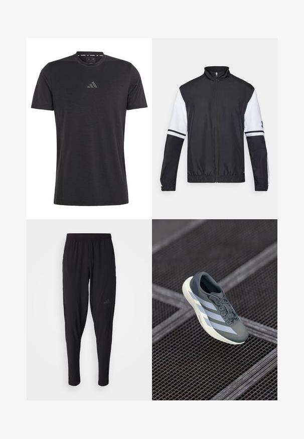 Musta-valkoinen takki korkealla kauluksella, täysin vetoketjulla, joustavilla hihansuilla ja raidallisilla yksityiskohdilla hihoissa. Valmistettu sileästä, kevyestä kankaasta.; Lyhythihainen musta harjoitus t-paita, joka on valmistettu kevyestä kankaasta. siinä on pyöreä kaula-aukko ja huomaamaton kohokuvioitu logo rinnassa.; Mustat urheiluhousut, joissa on joustava vyötärö, kapeneva malli, sivutaskut ja hillitty logoyksityiskohta. Valmistettu joustavasta ja hengittävästä kankaasta.; Urheilukengät harmaana ja valkoisena, valmistettu synteettisestä materiaalista, virtaviivaisella muotoilulla, tekstuurilla ja näyttävällä nauhoitusjärjestelmällä.