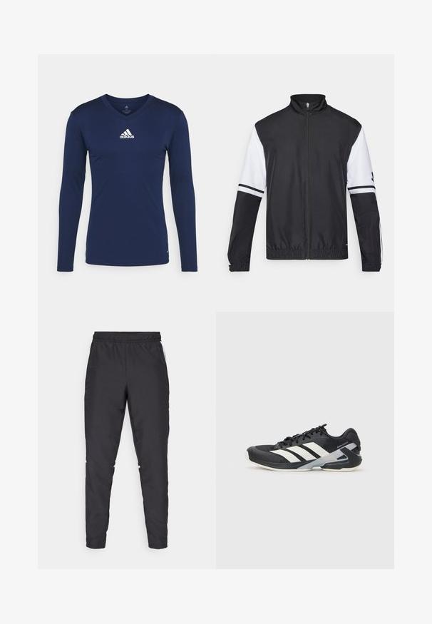 Musta-valkoinen takki korkealla kauluksella, täysin vetoketjulla, joustavilla hihansuilla ja raidallisilla yksityiskohdilla hihoissa. Valmistettu sileästä, kevyestä kankaasta.; Laivastonsininen pitkähihainen urheiluaita, joka on valmistettu teksturoidusta kankaasta. V-kaulus ja valkoinen Adidas-logo rinnassa. Yksinkertainen muotoilu, hyvin istuva malli.; Mustat urheiluhousut, joissa on joustava vyötärö, kapenevat lahkeet ja valkoiset sivuakkentit. Valmistettu synteettisestä materiaalista, jossa on sileä tekstuuri.; Mustat urheilukengät valkoisilla raidoilla, verkkomateriaalia ylhäällä, pyöristetty kärki ja pehmustettu pohja. Varustettu teksturoidulla kantapäällä ja turvallisella nauhoitusjärjestelmällä.