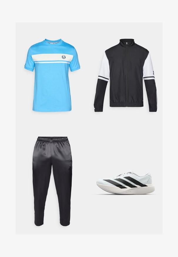 Svart och vit jacka med hög krage, hel dragkedja fram, elastiska ärmmuddar och randiga detaljer på ärmarna. Tillverkad av ett glatt, lättviktigt tyg.; Ljusblå kortärmad T-shirt med ett vitt horisontellt rand och en liten logotyp på bröstet. Tillverkad av mjukt bomullsmaterial.; Svarta träningsbyxor i mjukt, lätt material med elastisk midja. Har en liten logotyp på vänster sida och tapered ben.; Lätta löparskor i ljusblått med svarta ränder. Har en slät ovandel, rund tå och tjock vit mellansula märkt "LIGHTSTRIKE PRO."