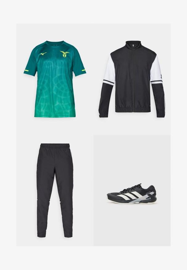 Musta-valkoinen takki korkealla kauluksella, täysin vetoketjulla, joustavilla hihansuilla ja raidallisilla yksityiskohdilla hihoissa. Valmistettu sileästä, kevyestä kankaasta.; Urheilupaita, jossa on vihreä liukuvärjäys, lyhyet hihat, pyöreä kaula-aukko ja rakenne, jossa on pyöreä kuvio. Mukana on logo ja keltaiset yksityiskohdat.; Mustat urheiluhousut, joissa on joustava vyötärö, kapenevat lahkeet ja valkoiset sivuakkentit. Valmistettu synteettisestä materiaalista, jossa on sileä tekstuuri.; Mustat urheilukengät valkoisilla raidoilla, verkkomateriaalia ylhäällä, pyöristetty kärki ja pehmustettu pohja. Varustettu teksturoidulla kantapäällä ja turvallisella nauhoitusjärjestelmällä.