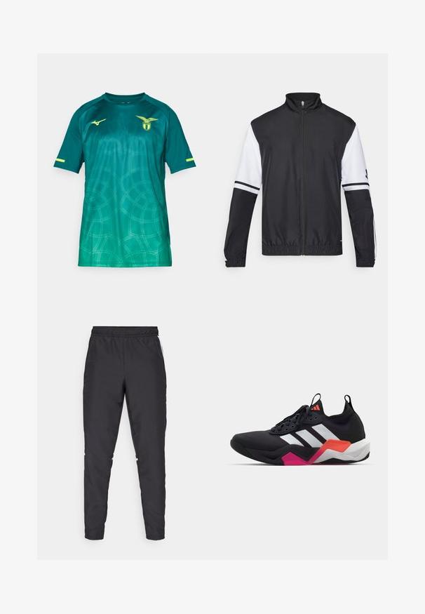 Černobílá bunda s vysokým límcem, plným předním zipem, elastickými manžetami a pruhovanými akcenty na rukávech. Vyrobena z hladké, lehké látky.; Zelený gradientový sportovní dres s krátkým rukávem, kulatým výstřihem a strukturovaným kruhovým vzorem. Obsahuje logo a žluté akcenty.; Černé sportovní kalhoty s elastickým pasem, zúženými nohavicemi a bílými bočními akcenty. Vyrobené z umělého materiálu s hladkým povrchem.; Černá sportovní bota s bílými pruhy, texturovaným svrškem a robustní podešví, která má oranžové, růžové a bílé akcenty. Šněrovací design s poutkem.