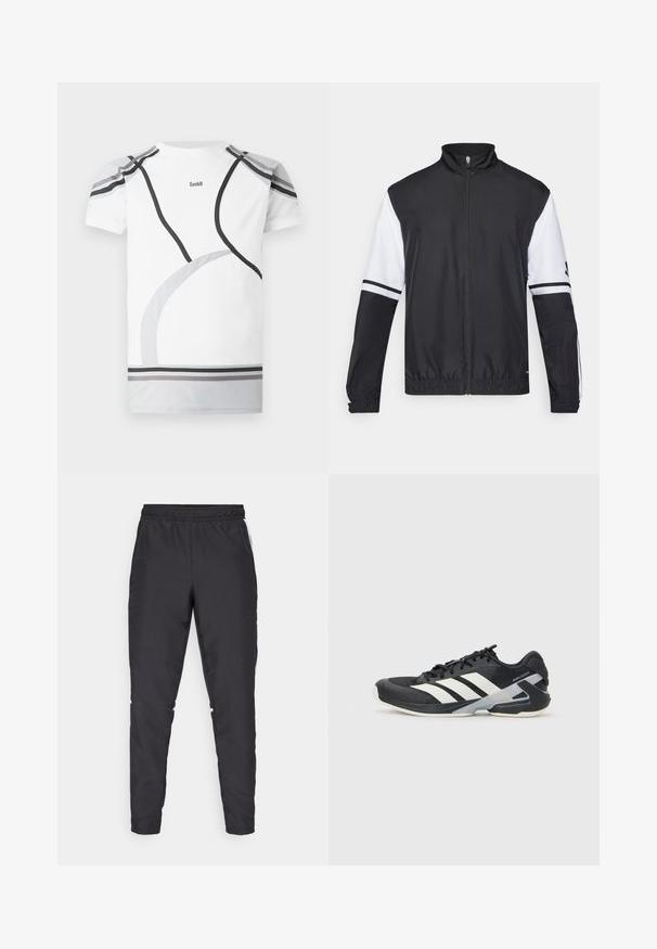 Fekete-fehér dzseki magas gallérral, teljes hosszúságú cipzárral, rugalmas mandzsettákkal és csíkozott díszítésekkel a ujjakon. Simító, könnyű anyagból készült.; Fehér sportpóló szürke és fekete ívelt díszítéssel, hálós vállpanelek és logó a hátsó részen. Fitt kinézetre és kényelemre tervezték.; Fekete sportnadrág, rugalmas derékkal, szűkített szárakkal és fehér oldalszegésekkel. Szinétikus anyagból készült, sima tapintással.; Fekete sportcipő fehér csíkokkal, hálós felsőrész, kerek orr és párnázott talp. Texturált sarokkal és biztonságos fűzőrendszerrel rendelkezik.