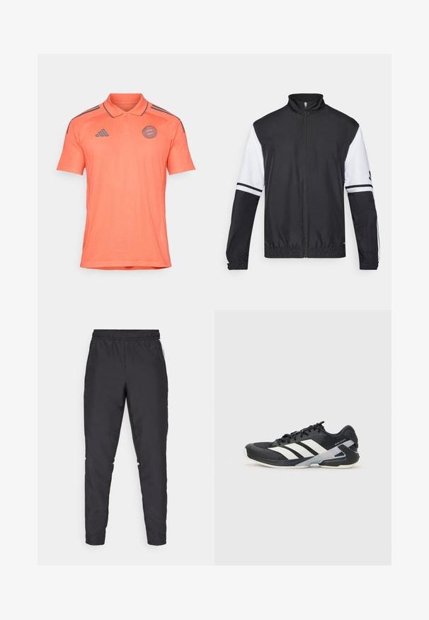 Mustvalge jakk kõrge kraega, täispikk tõmblukk, elastsete mansettidega ning triibuliste aktsentidega varrukatel. Valmistatud siledast, kergekaalulisest kangast.; Oranž polo s lühikeste varrukatega, mis on valmistatud tekstuuritud kangast. Omab krae, kolme nupuga varrukat ja tumedat halli triipu õlgadel.; Mustad mustusharjased püksid elastse vöökohtadega, kitsenevate jalgadega ja valgete külgaktsentidega. Valmistatud sünteetilisest materjalist, millel on sile tekstuur.; Mustad sportlik jalanõud mustade värvidega, valgete triipudega, võrgusilma pealmine osa, ümar varvas ja pehme tallaga. Omab tekstureeritud kontsa ja kindlat paeltesüsteemi.