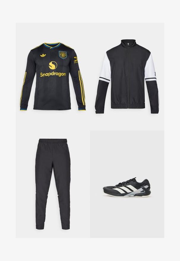 Svart og hvit jakke med høy krage, hel glidelås, elastiske mansjetter og stripete detaljer på ermene. Laget av glatt, lett materiale.; Svart langermet fotballdrakt med gule detaljer. Har snapdragon-logo og klubbmerke. Stripete skuldre og teksturert stoff.; Svarte treningsbukser med elastisk midje, avsmalnende ben og hvite sideakenter. Laget av syntetisk materiale med en glatt tekstur.; Svart treningssko med hvite striper, mesh-overdel, avrundet tå og polstret såle. Har en teksturert hæl og et sikkert snøresystem.