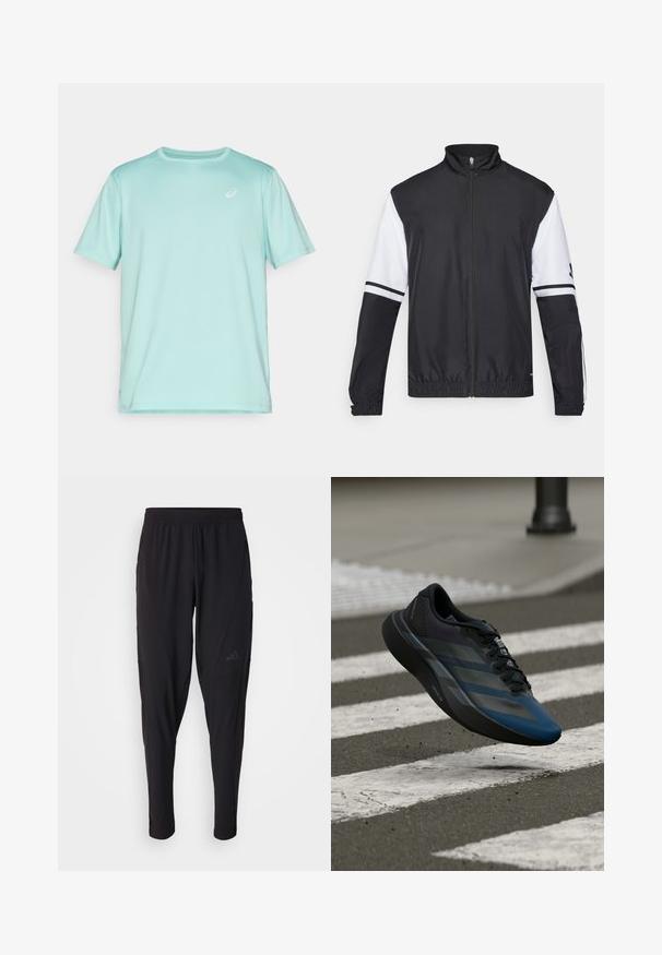 Black and white jacket with a high collar, full front zipper, elastic cuffs, and striped accents on sleeves. Made from smooth, lightweight fabric.; ASICS CORE TOP - Sports T-shirt - green; Black athletic pants with an elastic waistband, tapered design, side pockets, and subtle logo detail. Made from flexible, breathable fabric.; Black and blue athletic shoe with a streamlined design, featuring a textured upper, contrasting stripes, and a cushioned sole, hovering over pavement.