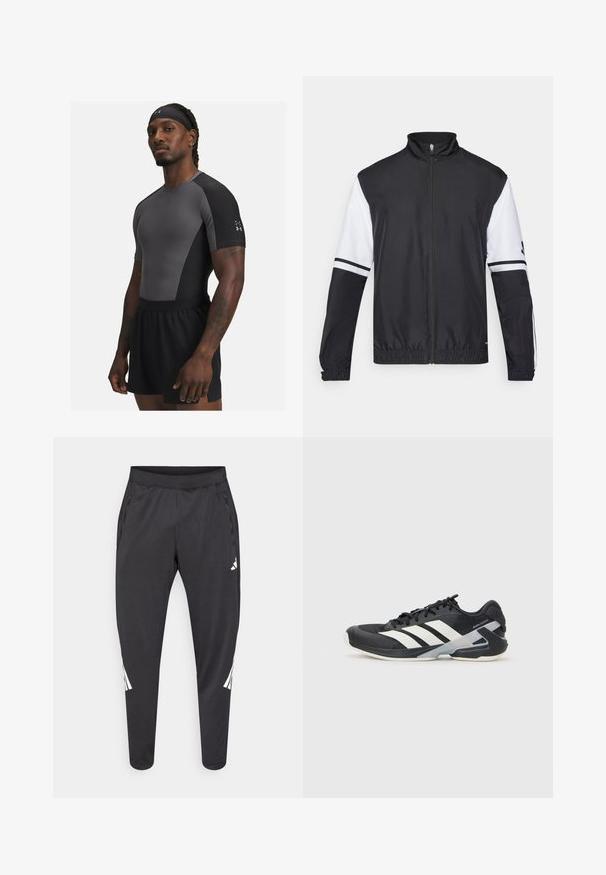 Melnbalkans un balts jakas ar augstu apkakli, pilnu priekšējo rāvējslēdzēju, elastīgām aprocēm un svītrām uz piedurknēm. Izgatavota no gluda, viegla auduma.; Atlētisks vīrietis, ģērbies pelēkā un melnā piegulstošā treniņu krekliņā, melnās šortos un melnā galvas lentē, stāv ar neitrālu izskatu.; Melnas sporta bikses ar šaurākiem galiem, elastīgu jostasvietu, sānu kabatām, kā arī baltu logo un svītru detaļām. Izgatavotas no gluda, viegla materiāla.; Melnas sporta kurpes ar baltām svītrām, acs augšdaļa, noapaļots pirksts un mīksts zole. Iespējams ar teksturētu papēdi un drošu šņoru sistēmu.