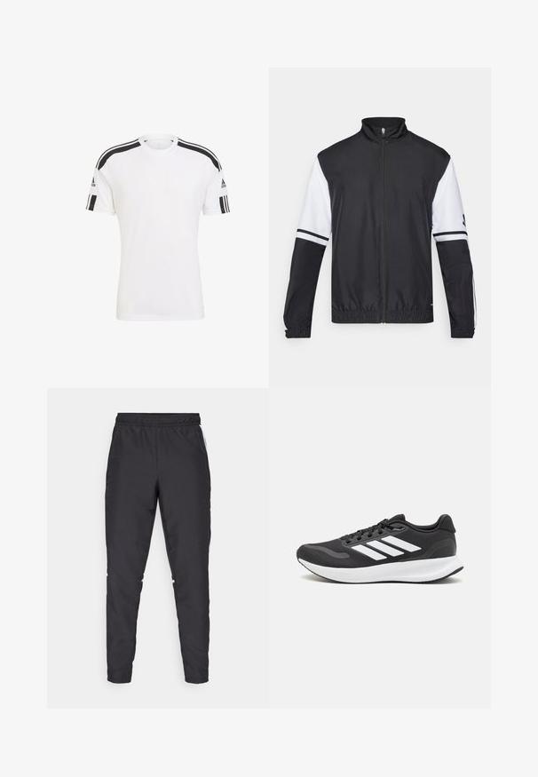 Schwarz-weiße Jacke mit hohem Kragen, durchgehendem Reißverschluss, elastischen Bündchen und gestreiften Akzenten an den Ärmeln. Hergestellt aus glattem, leichtem Material.; Weißes Sport-T-Shirt mit schwarzen Streifen an den Schultern, aus atmungsaktivem Stoff gefertigt. Kurze Ärmel und runder Ausschnitt.; Schwarze Sporthose mit elastischem Bund, schmal zulaufenden Beinen und weißen Seitenelementen. Hergestellt aus synthetischem Material mit glatter Textur.; Schwarzer Sportschuh mit atmungsaktivem Mesh-Obermaterial, weißen Akzenten und einer gepolsterten Sohle. Mit drei Streifen-Logo an der Seite.