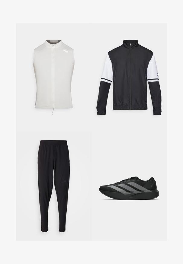 Svart og hvit jakke med høy krage, hel glidelås, elastiske mansjetter og stripete detaljer på ermene. Laget av glatt, lett materiale.; Lett, ermeløs sykkelvest i hvit med strukturert krage og frontglidelås. Har logodetaljer og jevnt, teksturert stoff.; Svarte treningsbukser med elastisk midje, smal design, sidelommer og subtil logo. Laget av fleksibelt, pustende stoff.; Sorte svarte treningssko med lett design, med tre fremtredende grå striper, en glatt tekstur og en formet såle.