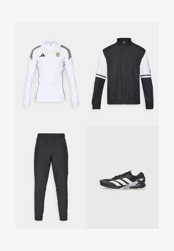 Black and white jacket with a high collar, full front zipper, elastic cuffs, and striped accents on sleeves. Made from smooth, lightweight fabric.; White long-sleeve sports top with black stripes on shoulders, half-zip front, Adidas logo, and Benfica football club crest on chest.; Black athletic pants with an elastic waistband, tapered legs, and white side accents. Made of synthetic material with a smooth texture.; Black athletic shoe with white stripes, mesh upper, rounded toe, and cushioned sole. Features a textured heel and secure lacing system.