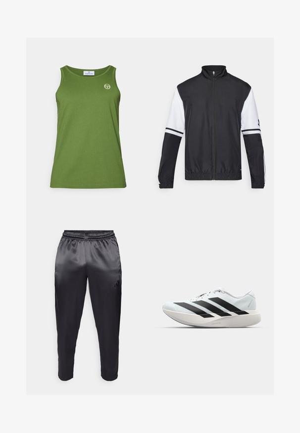 Black and white jacket with a high collar, full front zipper, elastic cuffs, and striped accents on sleeves. Made from smooth, lightweight fabric.; Green tank top made of soft fabric, featuring a round neckline and a small logo on the front, with a simple, straight cut design.; Black athletic pants made of smooth, lightweight fabric with an elastic waistband. Features a small logo on the left side and tapered legs.; Lightweight running shoes in pale blue with black stripes. Features a smooth upper, round toe, and thick white midsole labeled "LIGHTSTRIKE PRO."