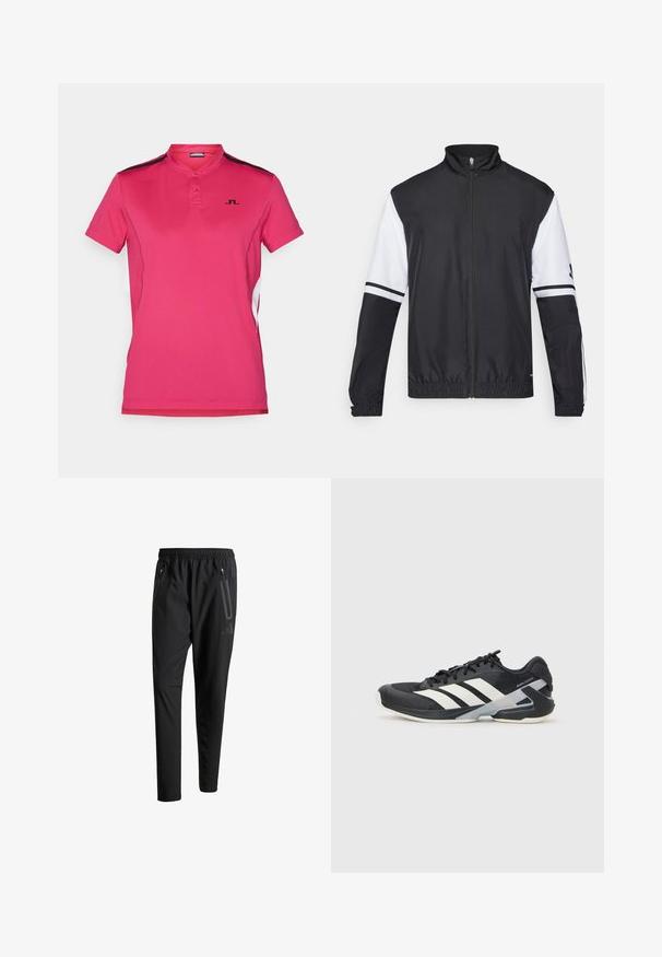 Casaco preto e branco com gola alta, fecho frontal completo, punhos elásticos e detalhes listrados nas mangas. Feito de um tecido liso e leve.; Camisa polo em tecido rosa brilhante, com uma pala de dois botões, mangas curtas e detalhes pretos ao longo dos ombros e dos lados.; Calças de treino pretas com uma cintura elástica, dois bolsos laterais com fecho, pernas ajustadas e um discreto detalhe de logotipo no quadril.; Sapata atlética preta com riscas brancas, parte superior em malha, biqueira arredondada e sola acolchoada. Apresenta um calcanhar texturizado e um sistema de atacadores seguro.