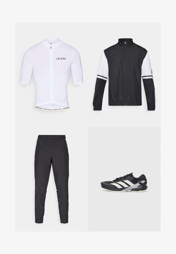 Chaqueta en blanco y negro con cuello alto, cremallera frontal completa, puños elásticos y acentos a rayas en las mangas. Fabricada con tejido liso y ligero.; Jersey de ciclismo blanco con mangas cortas, cremallera frontal y logo "LE COL". Tejido suave con una forma ajustada y texto en contraste en la cinturilla.; Pantalones deportivos negros con cintura elástica, piernas ajustadas y acentos laterales blancos. Hechos de material sintético con textura suave.; Zapatilla deportiva negra con franjas blancas, parte superior de malla, punta redondeada y suela acolchada. Presenta un talón texturizado y un sistema de cordones seguro.
