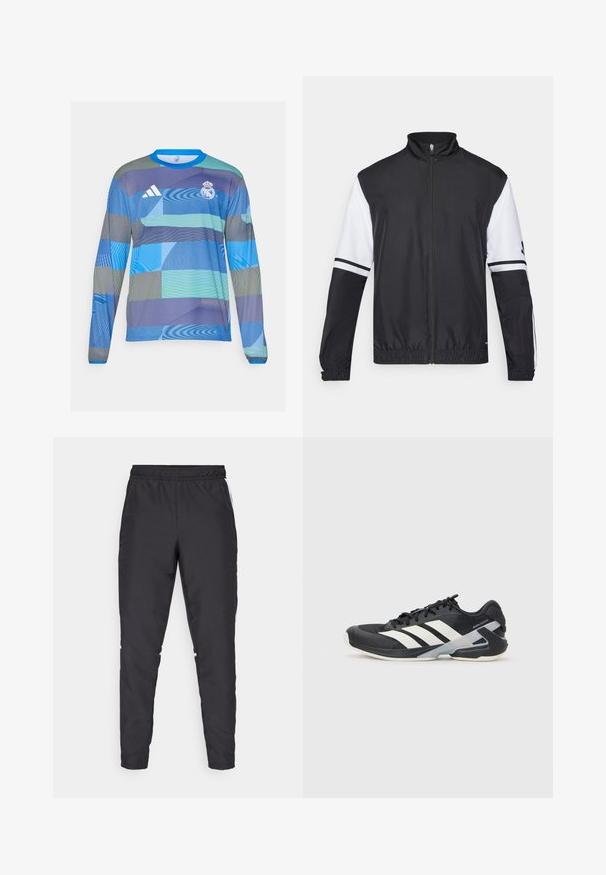 Crno-bijela jakna s visokim ovratnikom, punim zatvaračem sprijeda, elastičnim manžetama i prugastim detaljima na rukavima. Izrađena od glatkog, laganog materijala.; Dugotračni sportski dres sa plavim i zelenim geometrijskim uzorkom, izrađen od lagane tkanine s rebrastim plavim ovratnikom i Adidas logom.; Crne atletske hlače s elastičnim strukom, sužavajućim nogavicama i bijelim bočnim naglascima. Izrađene od sintetičkog materijala s glatkom teksturom.; Crne atletske cipele s bijelim prugama, mrežasta gornja strana, zaobljeni prst i podstavljeni đon. Imaju teksturiranu petu i siguran sustav vezivanja.