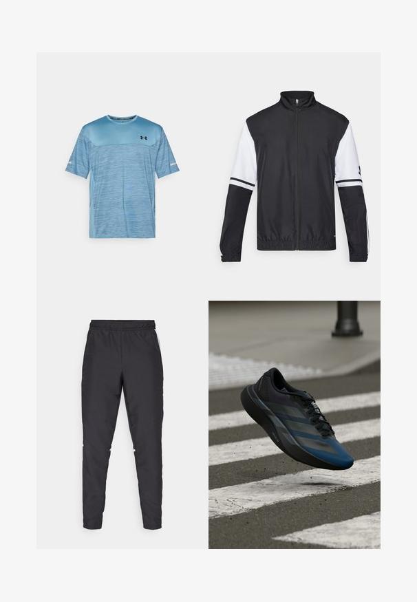Jachetă alb-negru cu guler înalt, fermoar pe toată lungimea, manșete elastice și accente în dungi pe mâneci. Fabricată dintr-un material neted și ușor.; Tricou sport de culoare albastru deschis, cu mânecă scurtă, marca Under Armour, având un panou superior de culoare mai închisă pe piept și un logo mic, negru, pe partea stângă a pieptului.; Pantaloni de sport negri cu talie elastică, picioare conice și accente laterale albe. Fabricat din material sintetic cu o textură netedă.; Pantof sportiv negru și albastru cu un design aerodinamic, având o parte superioară texturată, dungi contrastante și o talpă amortizată, plutind deasupra asfaltului.