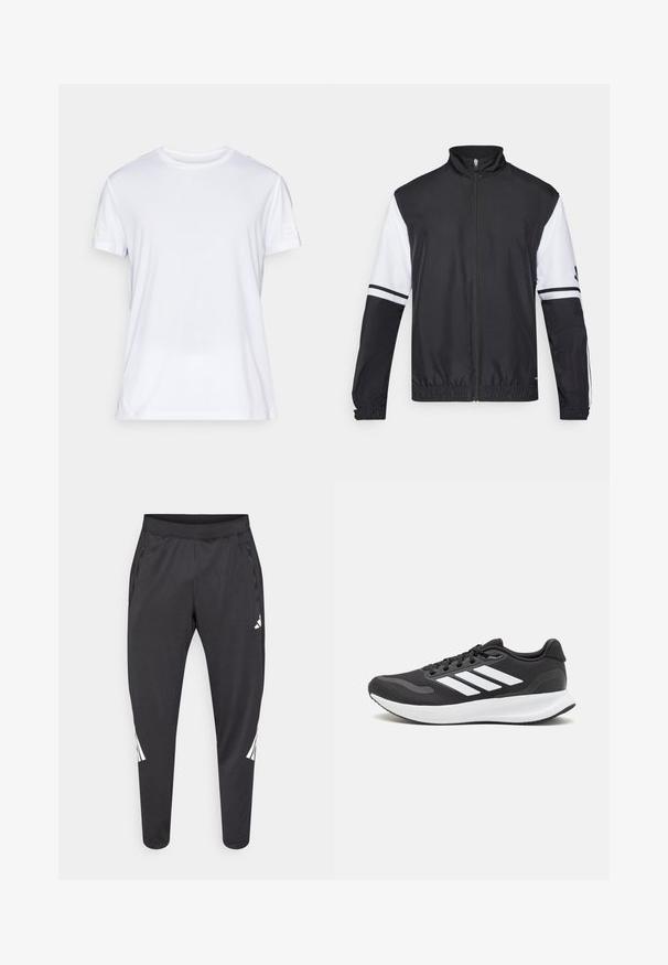 Črna in bela jakna z visokim ovratnikom, celotnim zadrgo, elastičnimi manšetami in črtastimi poudarki na rokavih. Narejena iz gladkega, lahkega materiala.; Bela kratka majica s kratkimi rokavi, narejena iz lahkega materiala. Ima okroglo izrezo in subtilen teksturiran vzorec. Natisnjen logotip na rokavu.; Črne športne hlače z zoženimi hlačnicami, elastnim pasom, stranskimi žepi ter belim logotipom in črtami. Narejene iz gladkega, lahkega materiala.; Črne športne čevlje z zračnim mrežastim zgornjim delom, belimi akcenti in oblazinjeno podplatom. Imajo tri črte logo na strani.