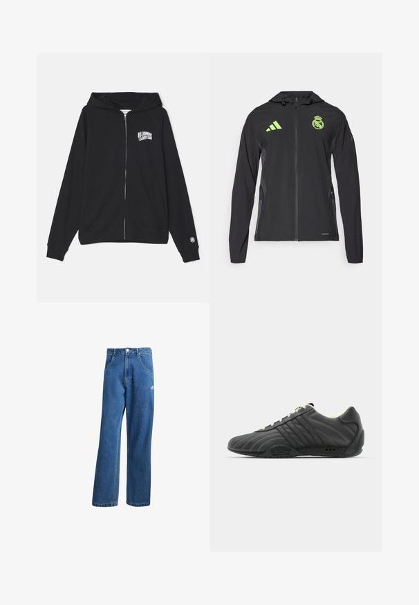 adidas Performance REAL MADRID TIRO25 PRO VIS TECH TRAVEL JACKET - Equipación de clubes - black/lucid lemon; Sudadera negra con cremallera hecha de mezcla de algodón, con bolsillo tipo canguro, capucha con cordón y logo frontal. Textura suave y puños acanalados.; Dos camisetas sin mangas blancas, con textura acanalada, que presentan logotipos bordados en azul y verde. Una tiene un diseño de sol y la otra de una palmera.; Vaqueros de mezclilla anchos de talle alto en azul, con bolsillos frontales, presillas para cinturón, cierre de botón y pequeño logo de Adidas en el muslo derecho.; adidas Originals ADIRACER UNISEX - Zapatillas - core black/cream white
