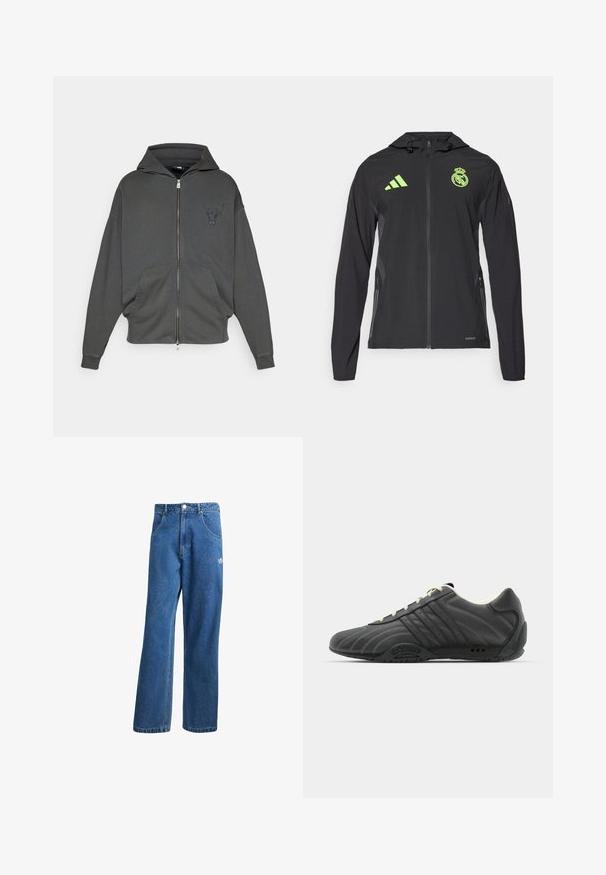 adidas Performance REAL MADRID TIRO25 PRO VIS TECH TRAVEL JACKET - Kluba apģērbs - black/lucid lemon; Tumši pelēkā krāsā zip-up kapuce, izgatavota no mīksta auduma, ar priekšējo kangaru kabatu un izšūtu buļļa logo uz krūtīm.; Divi balti bezmugurkaļu krekli, ribotā tekstūrā, ar zilo un zaļo izšūto logotipu. Viens ar saules motīvu, otrs ar palmas motīvu.; Zilas augsta vidukļa platas kāju džinsu bikses ar priekšējiem kabatām, jostas cilpām, pogu aizdari un mazu Adidas logo labajā augšstilbā.; adidas Originals ADIRACER UNISEX - Sporta apavi - core black/cream white