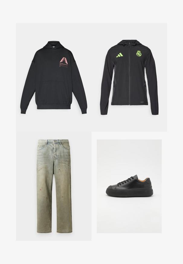 adidas Performance REAL MADRID TIRO25 PRO VIS TECH TRAVEL JACKET - Klubové oblečenie - black/lucid lemon; Čierna mikina s kapucňou vyrobená z jemného materiálu. Obsahuje ružovú geometrickú grafiku na hrudi a predné klokanie vrecko.; Dve biele tielka, s jemnou textúrou, s vyšívanými logami v modrej a zelenej farbe. Jedno má dizajn slnka, druhé palmy.; Zničené džínsy vo svetlozelenej farbe s rovnými nohavicami, piatimi vreckami a nerovnomerným vyblednutím so škvrnami od farby.; Čierne kožené tenisky s okrúhlou špičkou, šnurovaním vpredu, hladkou textúrou, hrubou gumovou podrážkou a kontrastným béžovým interiérom.