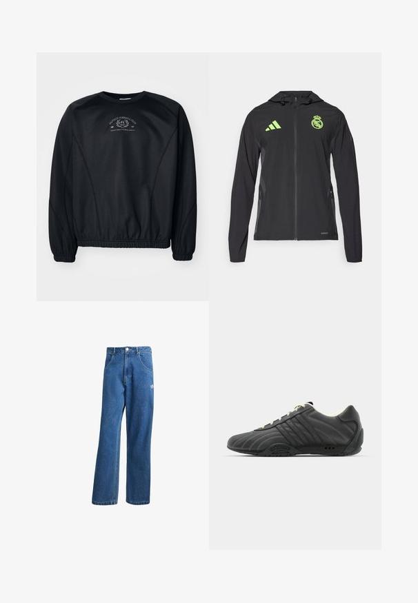 adidas Performance REAL MADRID TIRO25 PRO VIS TECH TRAVEL JACKET - Article de supporter d'équipe de club - black/lucid lemon; Sweatshirt noir avec un col rond, des poignets et un ourlet côtelés. Présente un imprimé graphique subtil sur la poitrine et un tissu lisse, légèrement texturé.; Deux débardeurs blancs, texture côtelée, avec des logos brodés en bleu et vert. L'un présente un design de soleil, l'autre un palmier.; Jean en denim bleu taille haute, jambes larges, avec poches avant, passants de ceinture, fermeture à bouton et petit logo Adidas sur la cuisse droite.; adidas Originals ADIRACER UNISEX - Baskets basses - core black/cream white