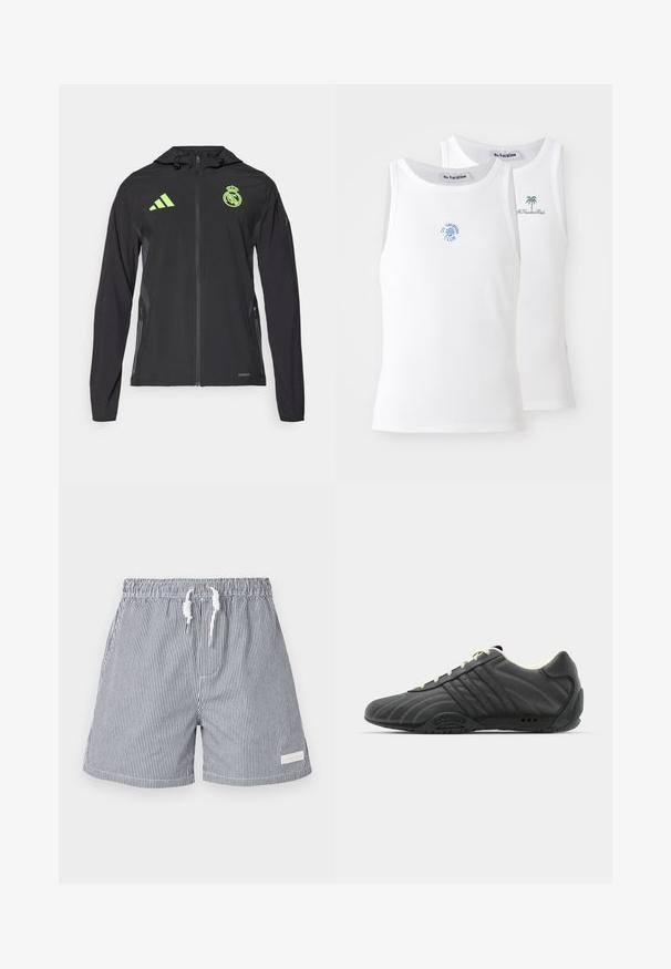 adidas Performance REAL MADRID TIRO25 PRO VIS TECH TRAVEL JACKET - Article de supporter d'équipe de club - black/lucid lemon; Deux débardeurs blancs, texture côtelée, avec des logos brodés en bleu et vert. L'un présente un design de soleil, l'autre un palmier.; Shorts de bain rayés en bleu marine et blanc. Fabriqués en matériau léger avec une taille élastique, un système de fermeture à cordon et des poches latérales.; adidas Originals ADIRACER UNISEX - Baskets basses - core black/cream white