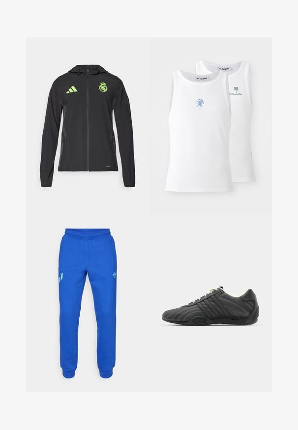 adidas Performance REAL MADRID TIRO25 PRO VIS TECH TRAVEL JACKET - Klubbklær - black/lucid lemon; To hvite tank topper med ribbestruktur, som har broderte logoer i blått og grønt. Den ene har et soldesign, mens den andre har et palmetre.; Blå sweatpants laget av myk stoff, med en smal design, elastisk midje og lommer. Merkbare grønne detaljer og logobeskrivelse.; adidas Originals ADIRACER UNISEX - Joggesko - core black/cream white