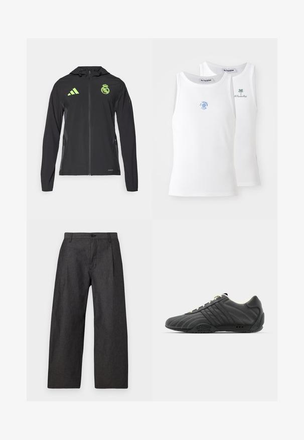 adidas Performance REAL MADRID TIRO25 PRO VIS TECH TRAVEL JACKET - Equipación de clubes - black/lucid lemon; Dos camisetas sin mangas blancas, con textura acanalada, que presentan logotipos bordados en azul y verde. Una tiene un diseño de sol y la otra de una palmera.; Pantalones de pierna ancha en gris oscuro, hechos de una tela texturizada. Presentan un cierre frontal con botón y dos bolsillos laterales. Diseño minimalista sin patrones.; adidas Originals ADIRACER UNISEX - Zapatillas - core black/cream white