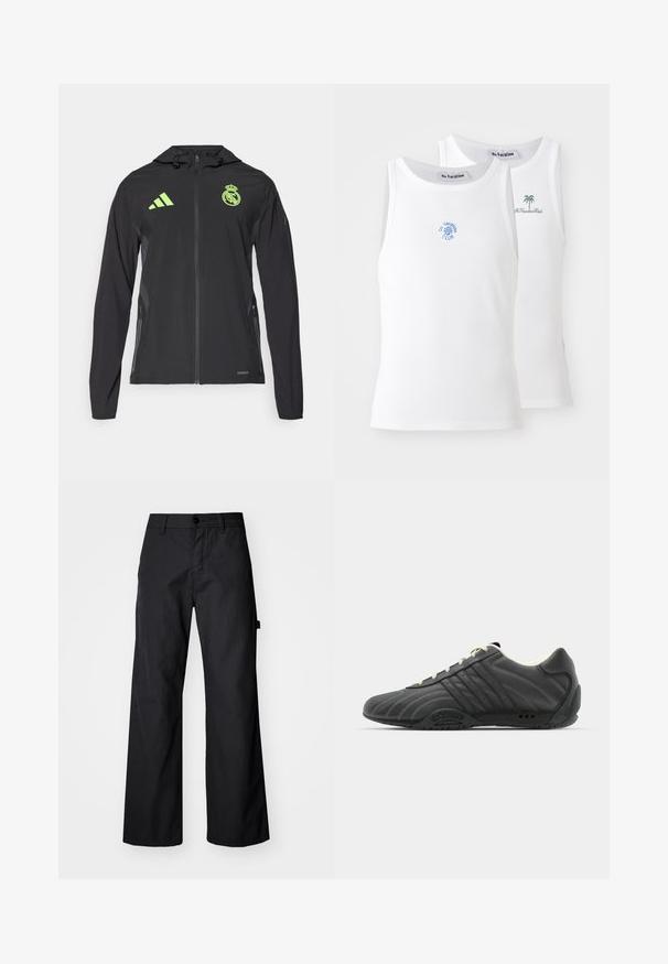 adidas Performance REAL MADRID TIRO25 PRO VIS TECH TRAVEL JACKET - Club wear - black/lucid lemon; Two white tank tops, ribbed texture, featuring blue and green embroidered logos. One has a sun design, the other a palm tree.; Black, wide-leg trousers made of durable fabric. Features a button closure and side pockets. Smooth texture with a clean design.; adidas Originals ADIRACER UNISEX - Trainers - core black/cream white