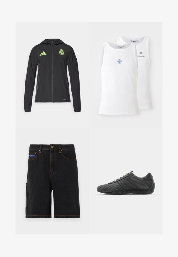 adidas Performance REAL MADRID TIRO25 PRO VIS TECH TRAVEL JACKET - Article de supporter d'équipe de club - black/lucid lemon; Deux débardeurs blancs, texture côtelée, avec des logos brodés en bleu et vert. L'un présente un design de soleil, l'autre un palmier.; Shorts en denim noir avec poches avant, une poche cargo sur le côté et des coutures orange. Dotés d'une fermeture à bouton en métal et d'un patch de marque.; adidas Originals ADIRACER UNISEX - Baskets basses - core black/cream white