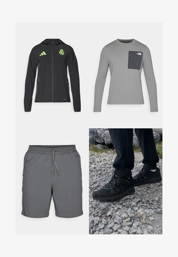 adidas Performance REAL MADRID TIRO25 PRO VIS TECH TRAVEL JACKET - Club wear - black/lucid lemon; Long-sleeve gray shirt with textured fabric, featuring a dark gray chest pocket and a zip closure. Logo on pocket in white.; Gray shorts made of lightweight fabric with an elastic waistband and drawstring. Features a smooth texture and above-knee length.; Black outdoor shoes with mesh and synthetic material, featuring a textured upper, secured lacing system, and a rugged outsole, on rocky terrain.