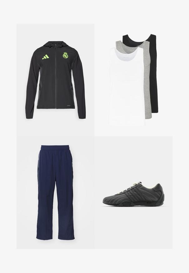 adidas Performance REAL MADRID VISTECH czarny; Trzy topy na ramiączkach w kolorze białym, szarym i czarnym. Każdy z nich ma klasyczny bezrękawnikowy fason, wykonany z lekkiej bawełnianej tkaniny z prążkowaną teksturą.; Granatowe, lekkie spodnie z elastycznym pasem, luźnym krojem, bocznymi kieszeniami oraz kontrastującymi białymi paskami po bokach.; adidas Originals ADIRACER UNISEX czarny