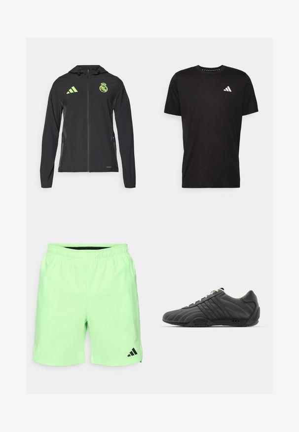 adidas Performance REAL MADRID TIRO25 PRO VIS TECH TRAVEL JACKET - Roupa de discoteca - black/lucid lemon; T-shirt de algodão preto com mangas curtas, decote redondo e um logo branco no lado esquerdo do peito. Textura suave e design simples.; Calções atléticos de um verde-claro com cintura elástica, bolsos laterais e um logo preto da Adidas na parte inferior esquerda. Material suave e leve.; adidas Originals ADIRACER UNISEX - Sapatilhas - core black/cream white