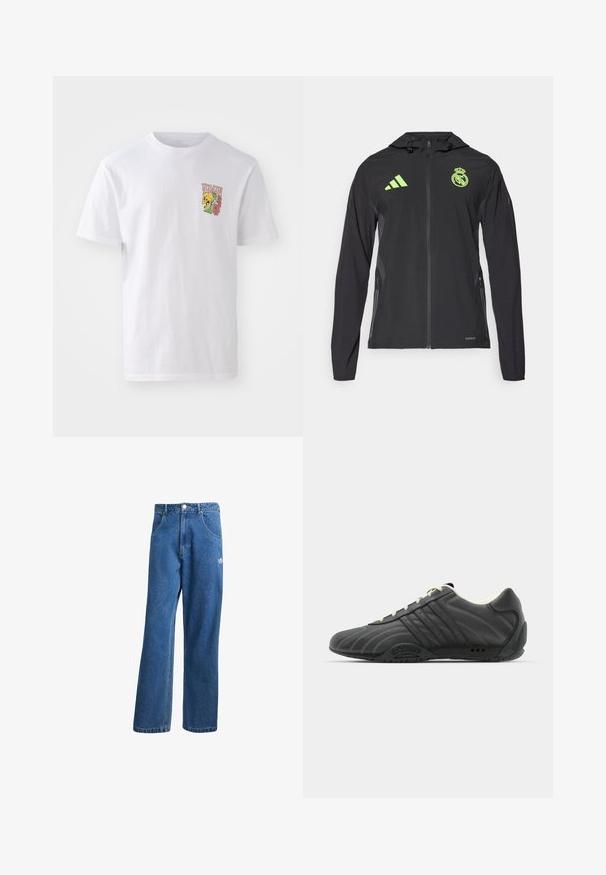 adidas Performance REAL MADRID TIRO25 PRO VIS TECH TRAVEL JACKET - Klubbkläder - black/lucid lemon; Vit bomull t-shirt med rundad halsringning, korta ärmar och en färgglad grafik med ett skalle och blommor på bröstet.; Blå högmidjade vida jeans i denim med framfickor, bältesloopar, knappstängning och liten Adidas-logga på högra låret.; adidas Originals ADIRACER UNISEX - Sneakers - core black/cream white