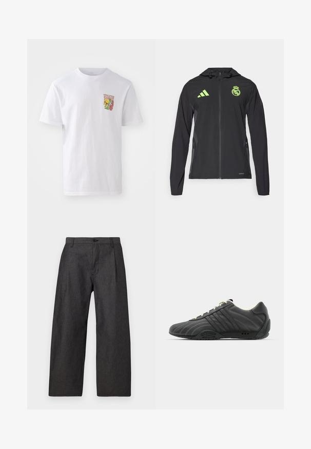 adidas Performance REAL MADRID TIRO25 PRO VIS TECH TRAVEL JACKET - Club wear - black/lucid lemon; White cotton t-shirt with a crew neckline, short sleeves, and a colorful graphic featuring a skull and flowers on the chest.; Dark gray wide-leg trousers made of textured fabric. Features a front button closure and two side pockets. Minimalist design without patterns.; adidas Originals ADIRACER UNISEX - Trainers - core black/cream white