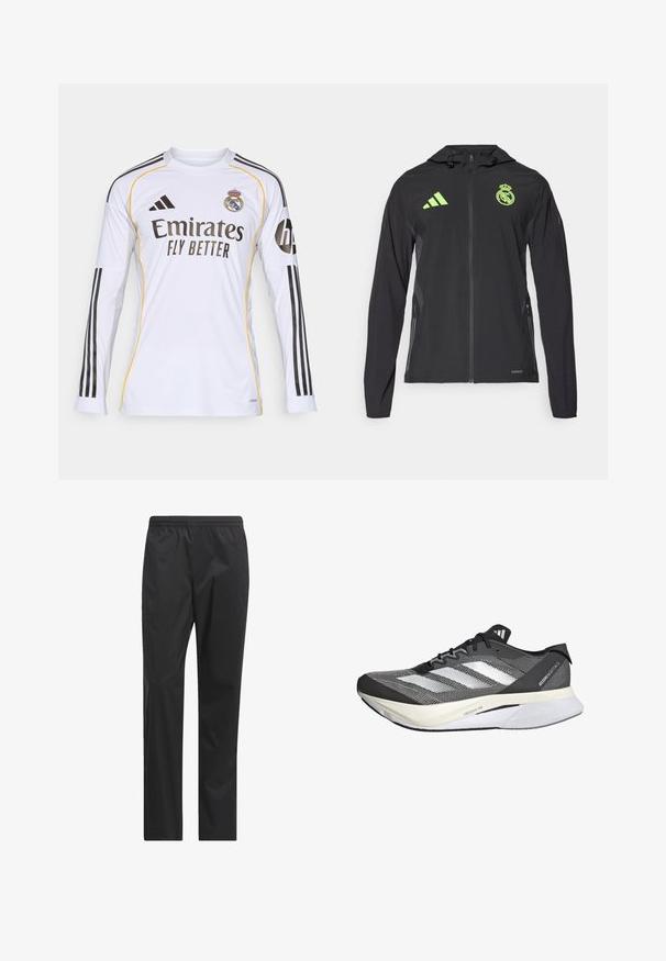 adidas Performance REAL MADRID TIRO25 PRO VIS TECH TRAVEL JACKET - Klub merchandise - black/lucid lemon; Hvid langærmet trøje med sorte og gule accenter, med "Emirates Fly Better" logoet og Real Madrid våbenskjoldet, lavet af letvægts syntetisk materiale.; Sorte vandtætte bukser med lige pasform, elastisk talje og en glat, let tekstur. Ingen synlige lommer eller accenter.; Sort og hvid atletisk sko med en mesh-overdel, har tre hvide striber, en fremtrædende sål mærket "LIGHTSTRIKE PRO" og et strømlinet design.