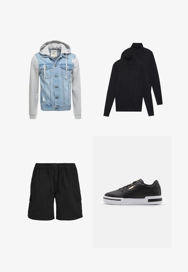 Denim jacket with a light blue body, gray long sleeves, and a hood. Features front buttons and two chest pockets with distressed detail.; Two black long-sleeve turtleneck sweaters, plain knit, stacked with one slightly behind the other on a white background.; Black cargo shorts with an elastic waistband, drawstring, side pockets, and a textured fabric. Designed for comfort and utility.; Black leather sneaker with white midsole, perforated toe, gold logo detail, padded collar, and contrasting black accents on the side.