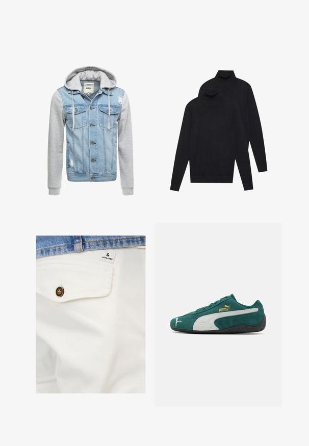 Denimjakke med en lyseblå kropp, grå lange ermer og hette. Har frontknapper og to brystlommer med slitt detalj.; To svarte langermede genserne med høy hals, ensfarget strikket, stablet med den ene litt bak den andre på en hvit bakgrunn.; Hvite bomullsshorts med en frontlomme, som har en brun knapp og et lite JACK & JONES-merke nær livet.; Grønn semsket sportssko med hvite og grå detaljer, teksturert overflate, flat gummisåle og gulllogo på siden.