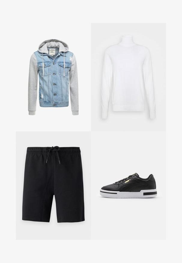 Denimjakke med en lyseblå kropp, grå lange ermer og hette. Har frontknapper og to brystlommer med slitt detalj.; Hvit skjorte med høy hals og lange ermer, laget av glatt stoff. Har en tettsittende design med ribbede mansjetter og kant. Ingen mønstre eller detaljer.; Sorte shorts laget av mykt stoff. Har en elastisk midje med snøring. Enkelt design, ingen synlige mønstre eller detaljer.; Sorte lærersneaker med hvit mellomsåle, perforert tå, gull logo detalj, polstret krage, og kontrasterende sorte detaljer på siden.