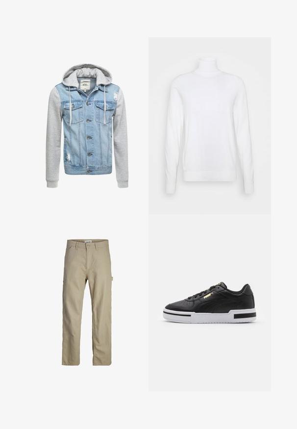 Denim jacket with a light blue body, gray long sleeves, and a hood. Features front buttons and two chest pockets with distressed detail.; White turtleneck sweater with long sleeves, made of smooth fabric. Features a fitted design and ribbed cuffs and hem. No patterns or accents.; Beige cotton pants with a straight-leg design, featuring a front button closure, belt loops, and a side cargo pocket. Smooth texture.; Black leather sneaker with white midsole, perforated toe, gold logo detail, padded collar, and contrasting black accents on the side.