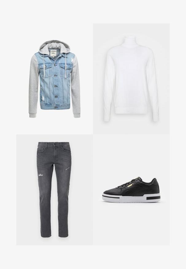 Denim jakna s svetlo modrim telesom, sivimi dolgimi rokavi in kapuco. Ima sprednje gumbe in dva žepa na prsih z obrabljenim detajlom.; Bela pulover z bolj dolgimi rokavi in visokim ovratnikom, narejen iz gladkega materiala. Ima prilegan kroj ter žametne manšete in rob. Brez vzorcev ali okrasnih detajlov.; Temno sivi denim jeans s slim krojem, z obrabljenimi detajli in petimi žepi. Klasična zasnova z diskretnim bledenjem in ravnim rezom.; Črne usnjene teniske z belo srednjo podlago, perforiranim prstnim delom, zlatim logotipom, podloženim ovratnikom in kontrastnimi črnimi detajli na strani.
