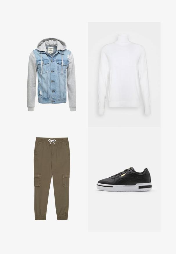 Denim jakk, millel on helesinine keha, hallid pikad varrukad ja kapuuts. Ees on nööbid ja kaks rinnaesarat, millel on kulumise detailid.; Valge kõrge kaelusega kampsun pikkade varrukatega, valmistatud siledast kangast. Omab sobivat lõiget ning üldiselt ribaroheline varrukate ja küljepidi. Ei sisalda mustreid ega aktsente.; Khaki cargo püksid elastse vöökoha ja stringiga, külgtaskud ja voltidega pahkluude juures. Valmistatud tekstureeritud, kerget materjalist.; Must have nahkast jooksujalats valge vaheosaga, perforatsiooni kohal, kuldse logosilmbiga, pehmendusega kaelaosas ning kontrastsete mustade aktsentidega külgedel.