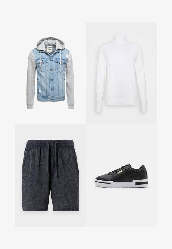 Jeansjacke mit einem hellblauen Körper, grauen langen Ärmeln und einer Kapuze. Verfügt über Frontknöpfe und zwei Brusttaschen mit abgenutztem Detail.; Weißer Rollkragenpullover mit langen Ärmeln, aus glattem Stoff gefertigt. Verfügt über eine taillierte Passform sowie gerippte Bündchen und Saum. Keine Muster oder Akzente.; Dunkelgraue Shorts aus strukturiertem Stoff, mit elastischem Taillenbund und Kordelzug sowie seitlichen Taschen.; Schwarze Leder sneaker mit weißer Mittelsohle, perforierter Zehenpartie, goldfarbenem Logodetail, gepolstertem Kragen und kontrastierenden schwarzen Akzenten an der Seite.