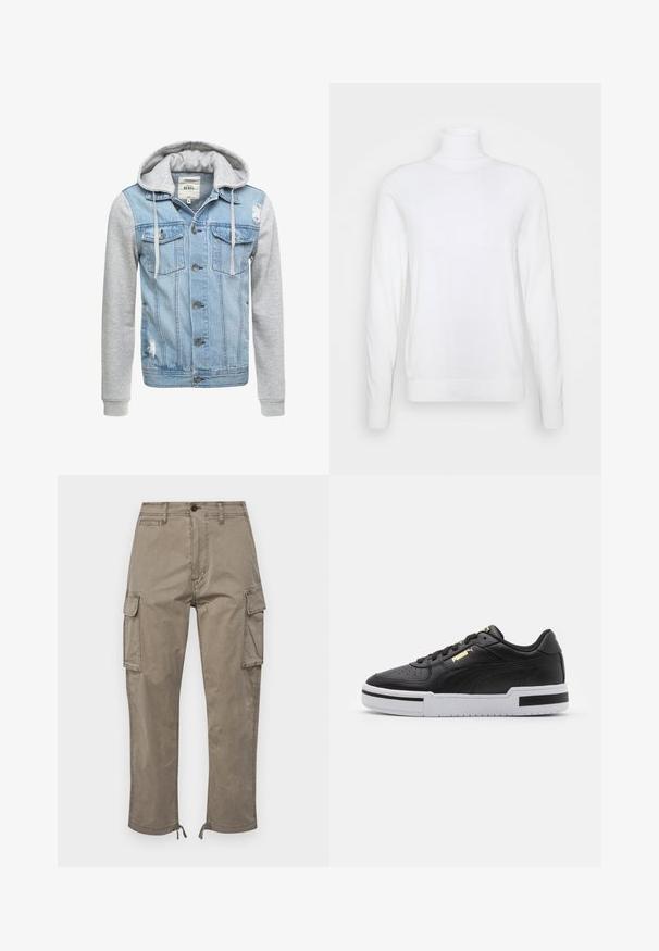 Jeansjack met een lichtblauwe body, grijze lange mouwen en een capuchon. Heeft knopen aan de voorkant en twee borstzakken met een versleten detail.; Witte coltrui met lange mouwen, gemaakt van een zachte stof. Heeft een aansluitend ontwerp en geribde manchetten en zoom. Geen patronen of accenten.; Cargo pants in een gedempt taupe kleur, gemaakt van katoen, zijn voorzien van zijzakken, een rechte snit en verstelbare zoom met trekkoorden.; Zwarte leren sneaker met witte tussenzool, geperforeerde neus, gouden logo-detail, gevoerde kraag en contrasterende zwarte accenten aan de zijkant.