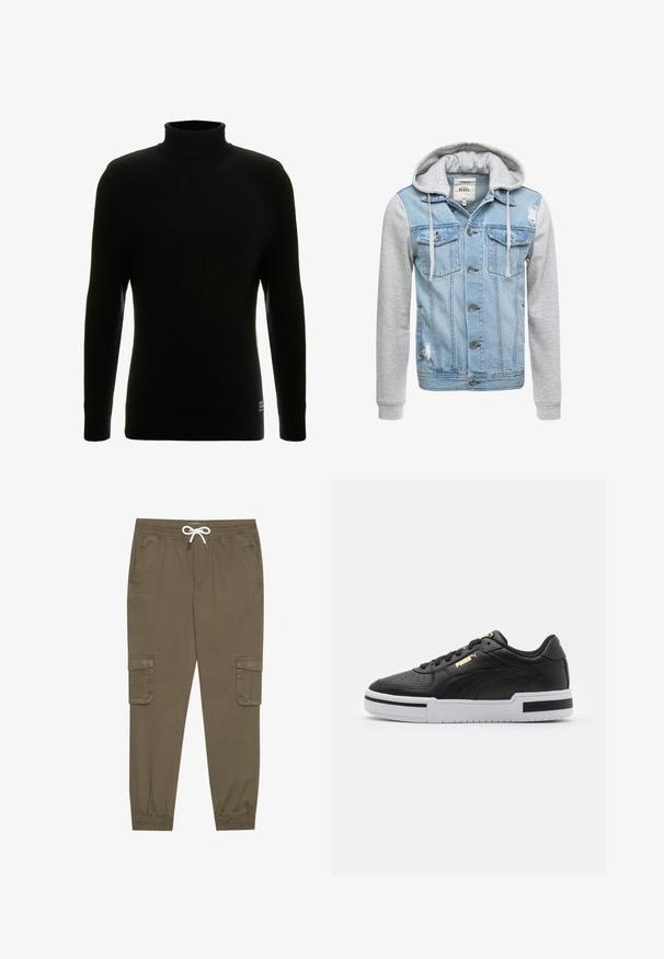 Jachetă din denim cu un corp de culoare albastru deschis, mâneci lungi gri și glugă. Dispune de butoane frontale și două buzunare la piept cu detalii uzate.; Pulover negru cu guler înalt, mâneci lungi, textură în evantai, siluetă ajustată și etichetă mică a mărcii în partea stângă jos.; Pantaloni cargo kaki cu talie elastică și șnur, cu buzunare laterale și gleznă strânsă. Realizați dintr-un material texturat și ușor.; Sneaker din piele neagră cu talpă intermediară albă, vârf perforat, detaliu logo auriu, guler căptușit și accente negre contrastante pe lateral.