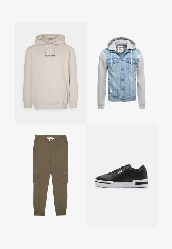 Denimjakke med en lyseblå kropp, grå lange ermer og hette. Har frontknapper og to brystlommer med slitt detalj.; Jack & Jones JORVESTERBRO HOOD - Hoodie - moonbeam; Khaki cargo bukser med elastisk livrem og snor, med sidelommer og mansjetterte ankler. Laget av et teksturert, lett materiale.; Sorte lærersneaker med hvit mellomsåle, perforert tå, gull logo detalj, polstret krage, og kontrasterende sorte detaljer på siden.